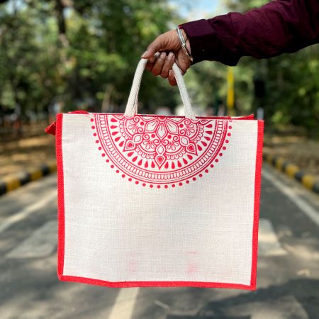 Red White Eco Friendly Jute Multipurpose Bag